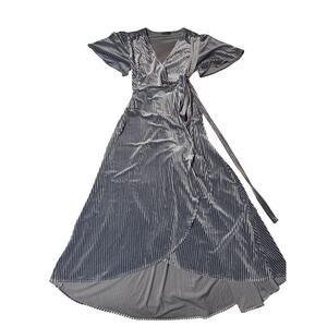 Simplee Velvet Striped Gray Blue Midi Wrap Cocktail Dress Large Boho Glam Event